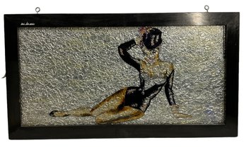 Reverse Painted Glass And Tin Foil Man Cave Kitsch Art Dancing Lady In Top Hat