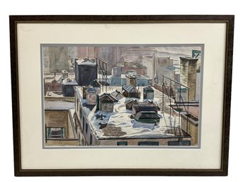 Watercolor By Arnold Knauth (1918-2017) Cityscape Building Rooftops