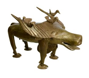 Vintage African Bronze Folk Art Sculpture Of A Buffalo And Oxpecker Birds