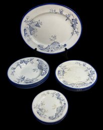 Vintage Blue And White Transfer Decorated Japanese Porcelain Platter And Plates