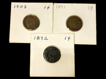 Three Carded Indian Head Pennies 1891, 1892, 1903