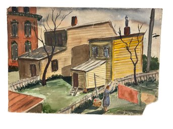 Unsigned Vintage Watercolor In The Manner Of The Ashcan School Tenement Scene