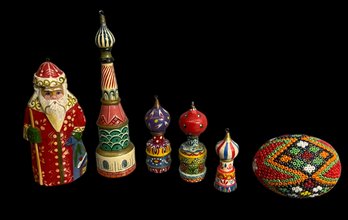 Lot Of Hand Painted Wooden Christmas Ornaments Made In Russia And A Beaded Egg