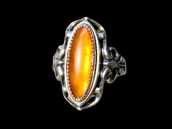 Sterling Silver And Orange Stone Or Abalone Ring