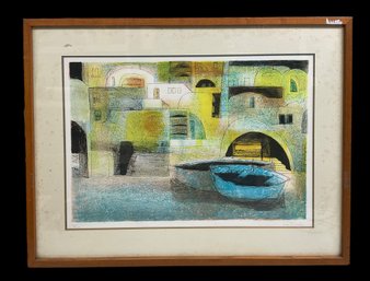 Eva Fischer (1920-2015) Colored  Lithograph Of Rowboats At Dock Pencil Signed