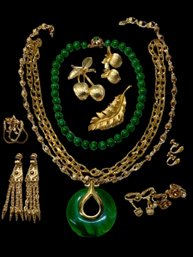 Vintage Gold Tone And Faux Jade Jewelry Lot
