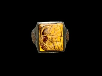 Sterling And 10K Gold Antique Mens Carved Tigers Eye Ring