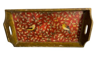 Vintage Handmade Peruvian Painted Handled Serving Tray With Birds And Vine Decoration