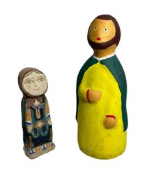 Two Hand Painted Plaster And Clay Figures Villager Woman And Jesus
