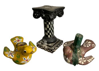 Funky Pottery Candlesticks Checkerboard Classical Column And Mexican Birds