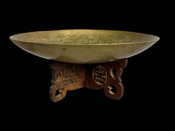 Vintage Chinese Etched Brass Bowl On Wooden Stand Dragon Decoration