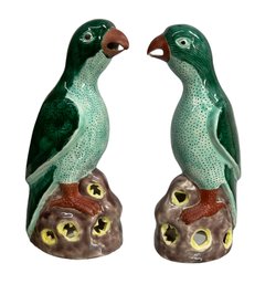 Pair Of Vintage Chinese Porcelain Green Parrots