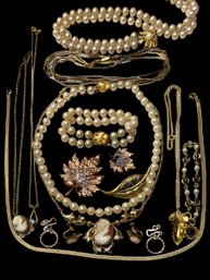 Costume Jewelry Lot With Gold Tone And Cameo, Leaf Motif