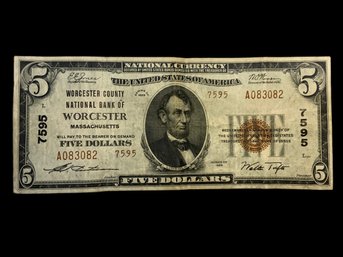 1929 Worcester County National Bank Five Dollar Bill