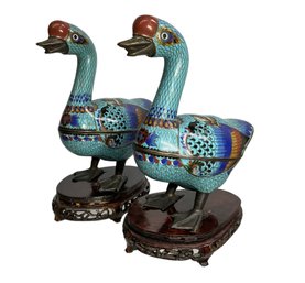 Pair Of 20th C Chinese Cloisonne Duck Form Boxes On Wooden Stands