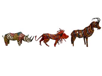 Three Colorful Folk Art African Animal Figures Pressed Metal Made In Zimbabwe