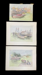 Three Jason F Murray Lith O Sketch Lithographs Of Gloucester And Rockport Motif 1 With Fishing Boats