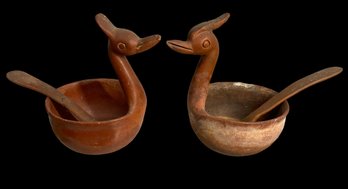 Pair Vintage Mexican Terra Cotta Pottery Bird Form Bowls And Ladles