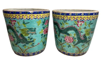 BIG Pair Of Decorative Chinese Porcelain Plant Pots Planters Dragon And Phoenix