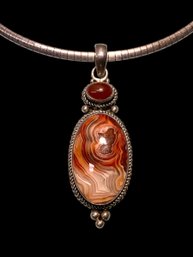 Red Lace Agate Sterling Pendant Necklace On Thick Chain