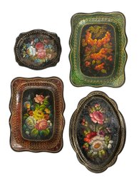 Four Handpainted Eastern European Tole Trays Floral Decoration