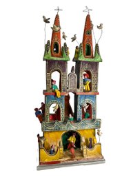 Large Vintage Mexican Folk Art Painted Terra Cotta Sculpture Of Church And People Unsigned