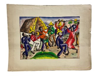 Vintage Haitian Watercolor By A Dupervil Of Celebration Dancing Scene