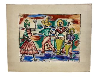 Vintage Watercolor Of Haitian Dancers And Musicians By Dominique Francois