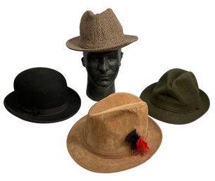 Four Vintage Mens Size 7 1/8 Hats Bowler Dobbs Suede Leather Carefree Wool And Totes Herringbone