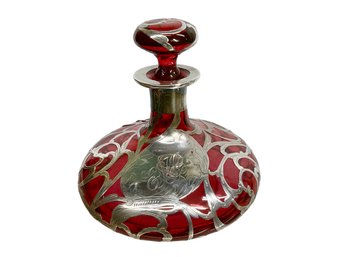 Antique Sterling Silver Overlay Cranberry Glass Decanter