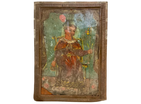 Folk Art Oil Painting Icon Of Saint? On Metal