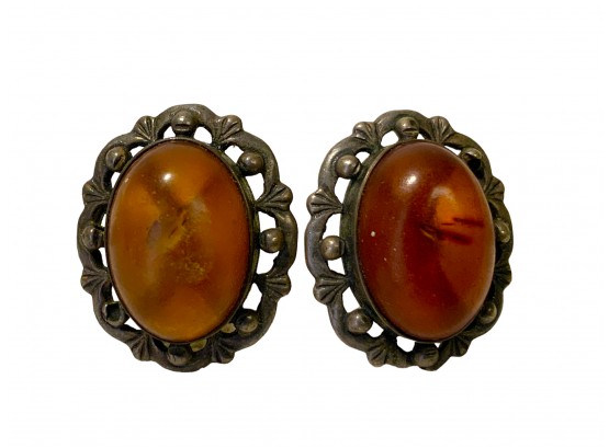 Vintage Sterling Silver And Amber Post Earrings