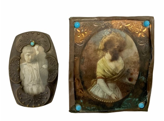 Pair Of Antique Metal And Turquoise Glass Antique Frames