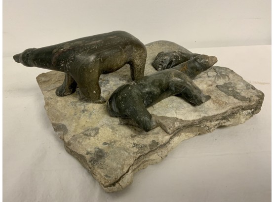 Antique Inuit Stone Carving Bears Fetish And A Their Dinner (seal)