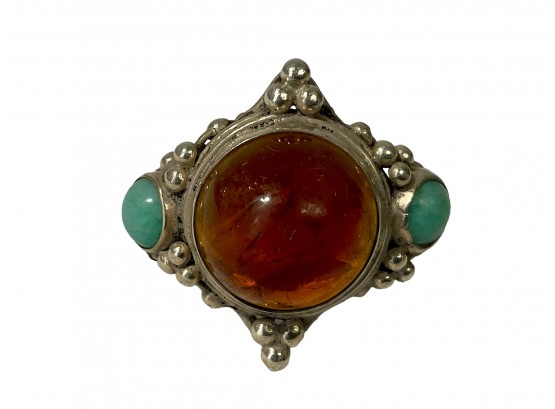 Amazing Amber And Turquoise Sterling Ring