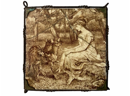 19th Century William Wise Minton Tile Woman Feeding Deer