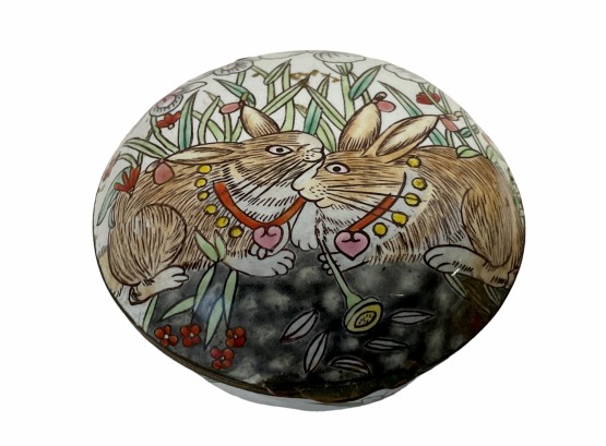 Hand Painted Enamel Metal Box With Rabbits On Lid