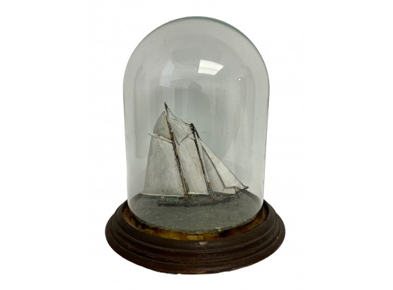 Antique Boat Model In Glass Dome