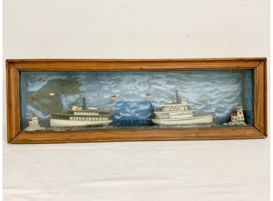Vintage Steam Ships Model Diorama In Glass