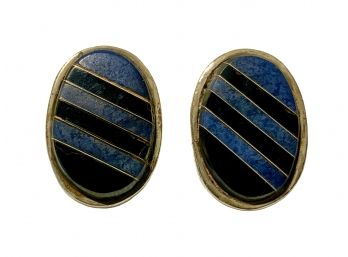 Lapis And Onyx Inlay Sterling Earrings