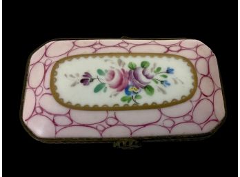 Limoges Hand Painted Porcelain Pink Sewing Needle Box With Flowers