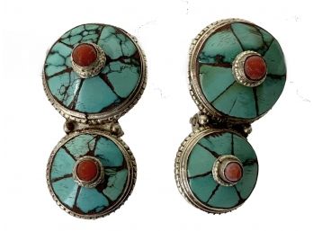 Tibetan Or Nepalese Sterling Turquoise And Coral Earrings