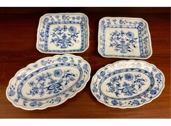Four Meissen Onion Pattern Platters, Square And Oval