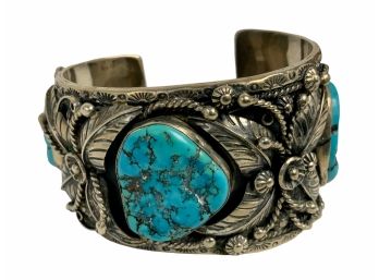 Very Large Vintage Navajo Native American Cuff  Sterling And Turquoise Bracelet Signed NDG