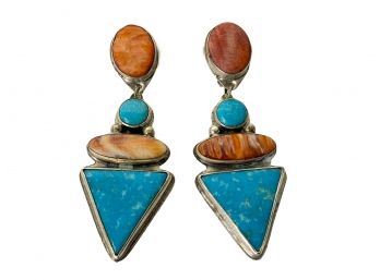 Ron Wesley Taos Puebloan Jewelry Designer Earrings, Spiny Oyster And Turquoise Native American