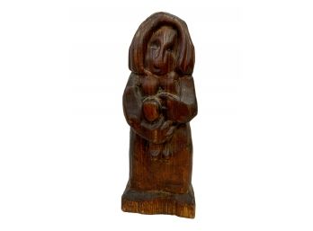 Antique Wooden Statue Primitive Style Madonna And Child