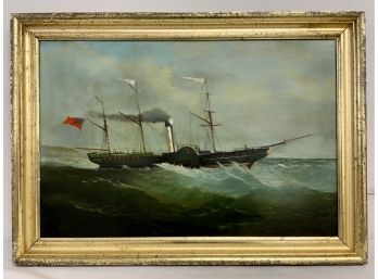 Antique Oil Painting On Board Early Steamship