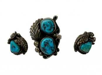 Set Of Native American Sterling And Turquoise Earrings And Ring