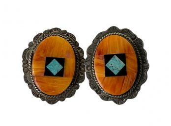Orange Spiny Oyster And Sterling Post Southwestern Navajo Design  Earrings