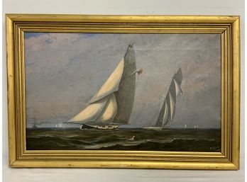 E Eaton Antique Oil Painting On Canvas Of Sailboats